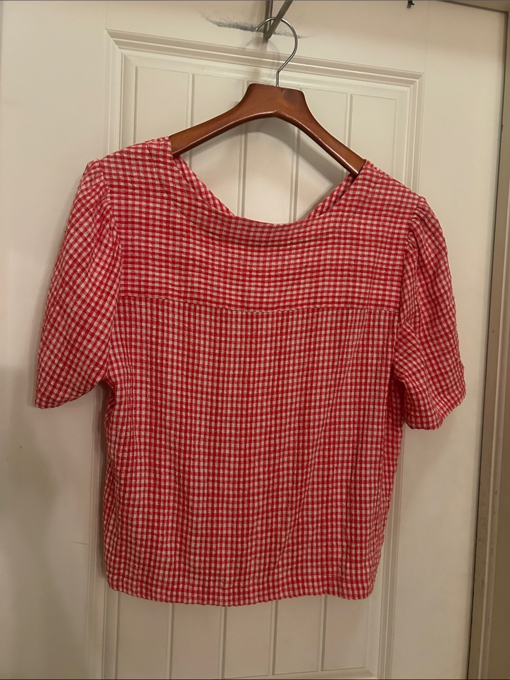 Red & White Gingham Button-Front Short flutter Sleeve Top - Picture 4 of 4
